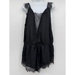 Mustard Seed Black Eyelash Lace Tank Romper Mesh Plunge V-Neck Romantic Flirty L